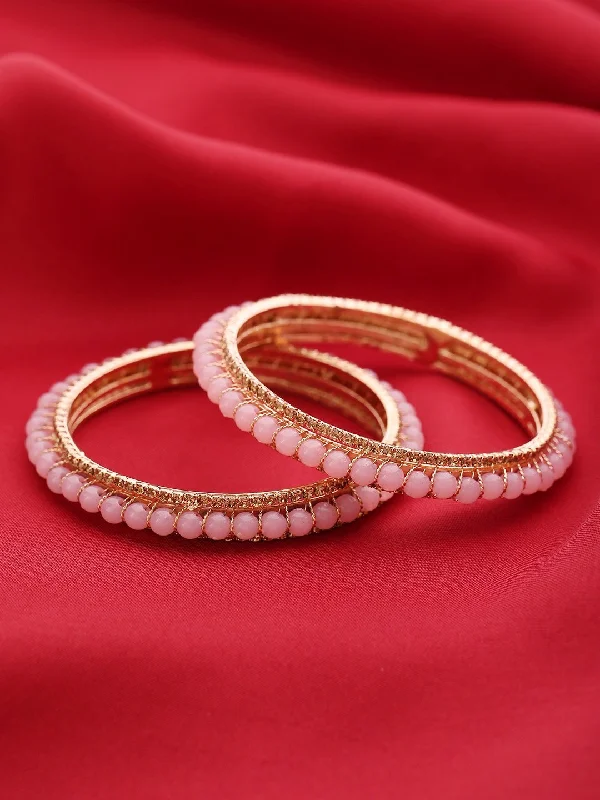 Women's Set Of 2 Gold-Plated Stones Studded and Pink Beaded Bangles - Priyaasi