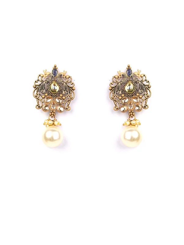 Women's Blue Pearls Kundan Gold Plated Peacock Drop Earring - Priyaasi