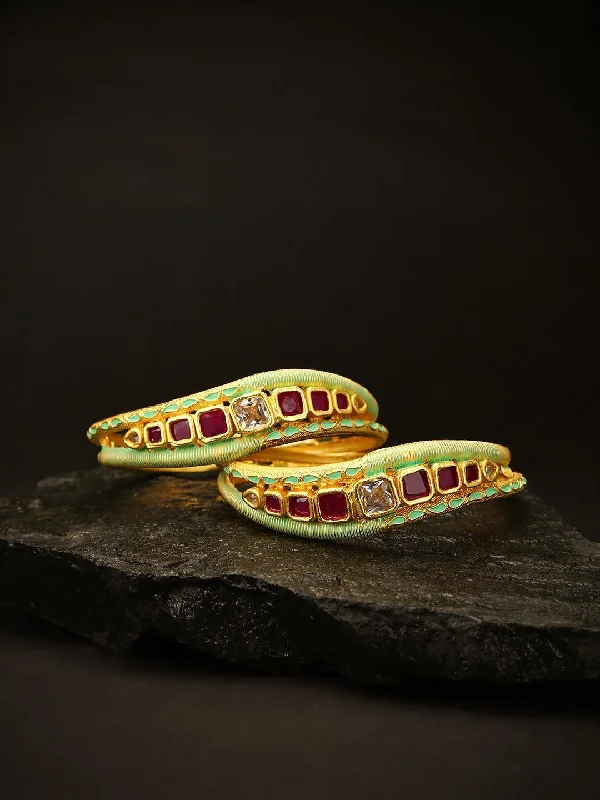 Women's Set Of 2 Matte Gold AD And Maroon Stone Studded Mint Green Curved Shape Bangles - Priyaasi