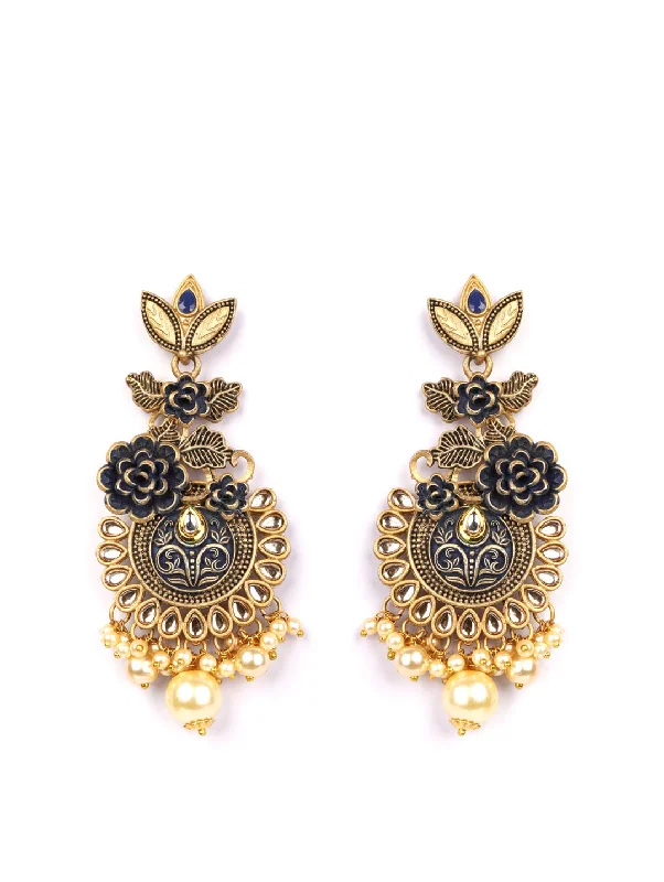 Women's Black Kundan Beads Pearls Gold Plated Floral Drop Earring - Priyaasi