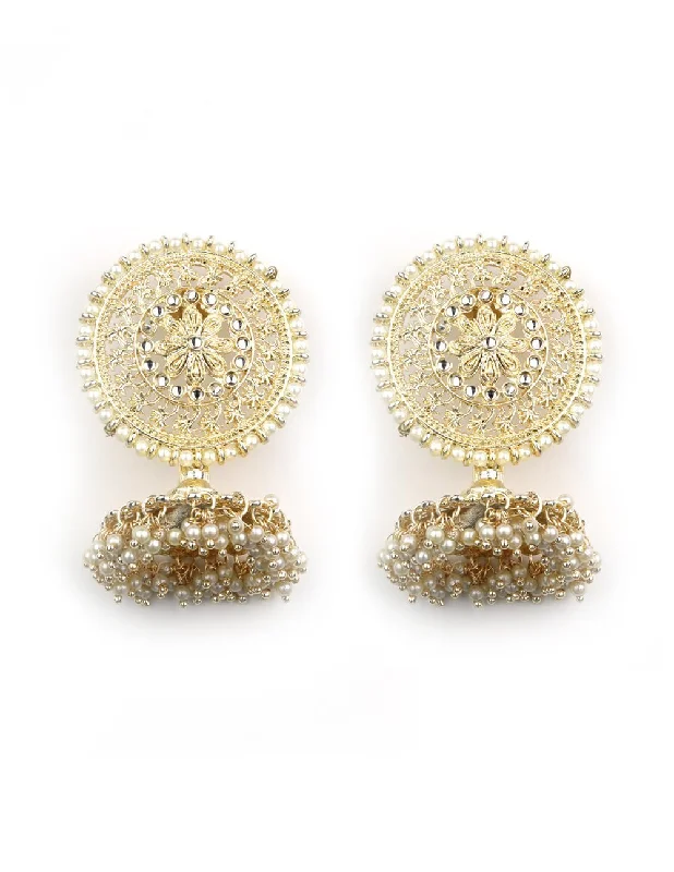 Women's White Beaded Gold Plated Jhumkas - Priyaasi