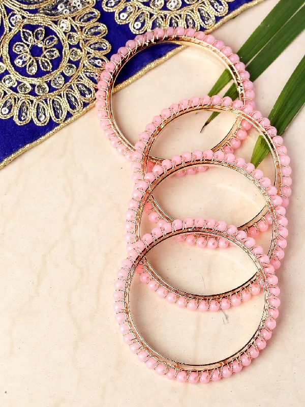 Women's Set Of 4 Gold-Plated Pink Beaded Bangles - Priyaasi