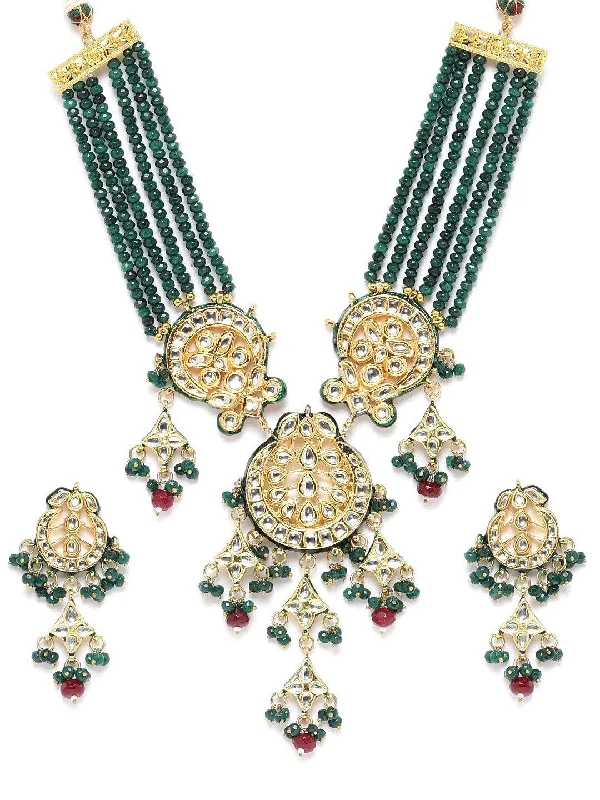 Women's Green & Red Beads Kundan Gold Plated Jewellery Set - Priyaasi