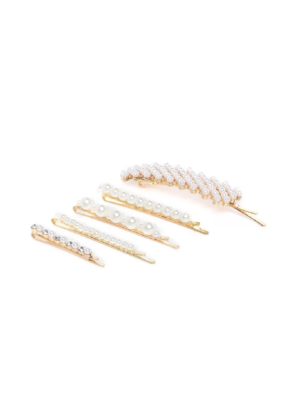 Women's Set Of 5 Gold Plated White Beaded Hair Clips For Women And Girls - Priyaasi