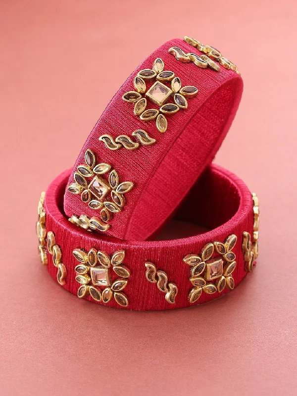 Women's Set Of 2 Stones Studded Maroon Threaded Broad Bangles in Floral Pattern - Priyaasi