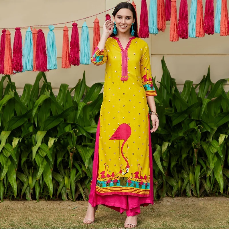 Women's Yellow V-Neck Flamingo Printed Kurta - Pannkh