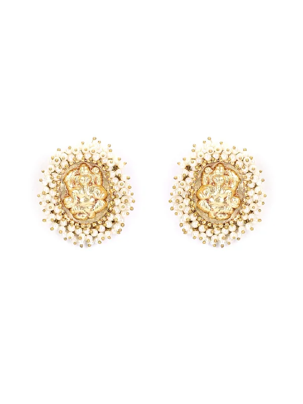 Women's White Beads Gold Plated Temple Stud Earring - Priyaasi