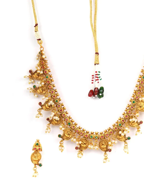 Women's Beads Ruby Emerald Gold Plated Temple Jewellery Set - Priyaasi