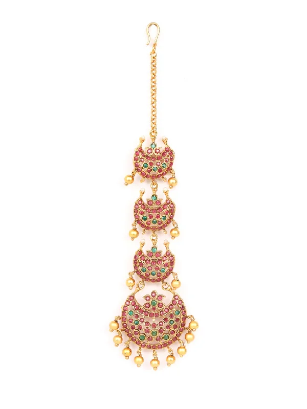 Women's Beads Kemp Stones Gold Plated Maang Tikka - Priyaasi