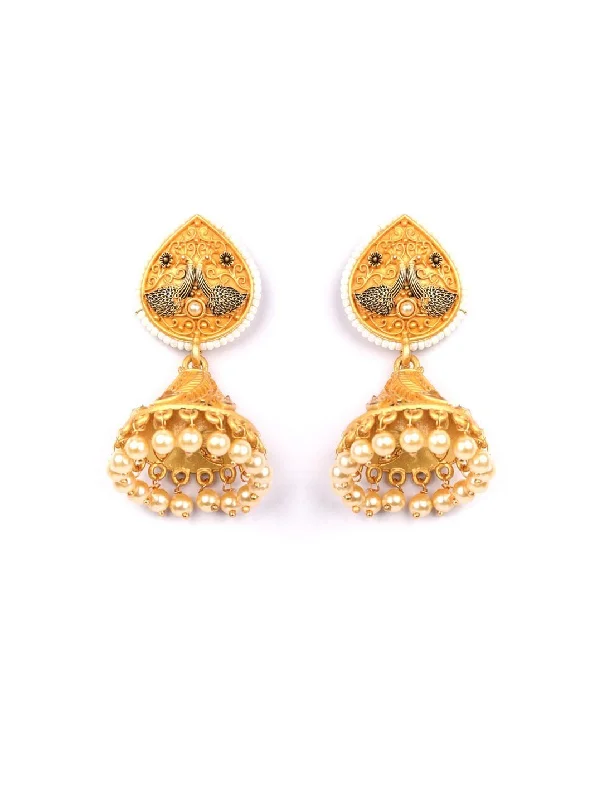 Women's Beads Gold Plated Peacock Jhumka Earring - Priyaasi