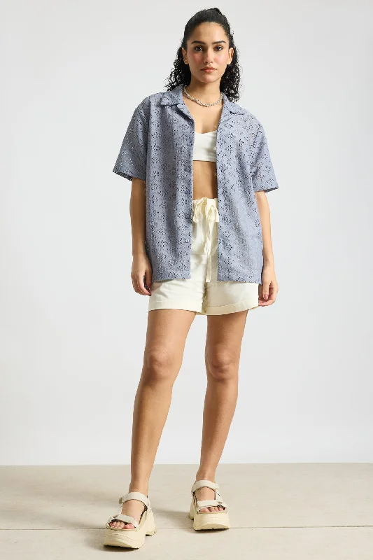 Textured Crochet Women's Shirt-Grey