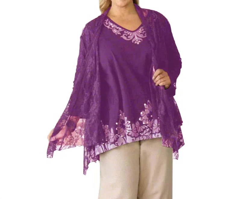 London Lace Long Sleeve Jacket - Plus Size In Purple Lace